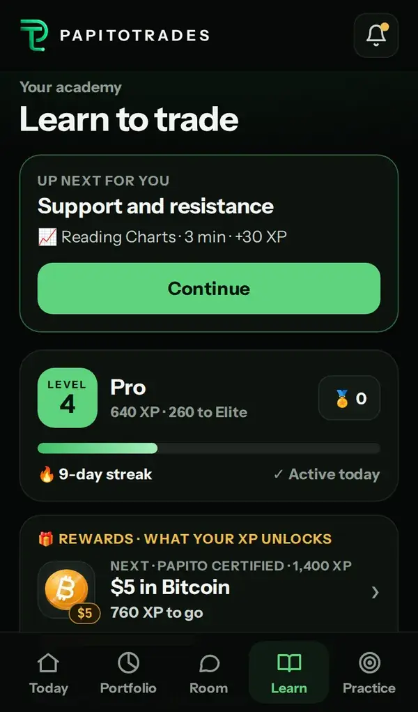 The Learn tab: the next lesson, Support and resistance, the member's level and streak, and the next reward.
