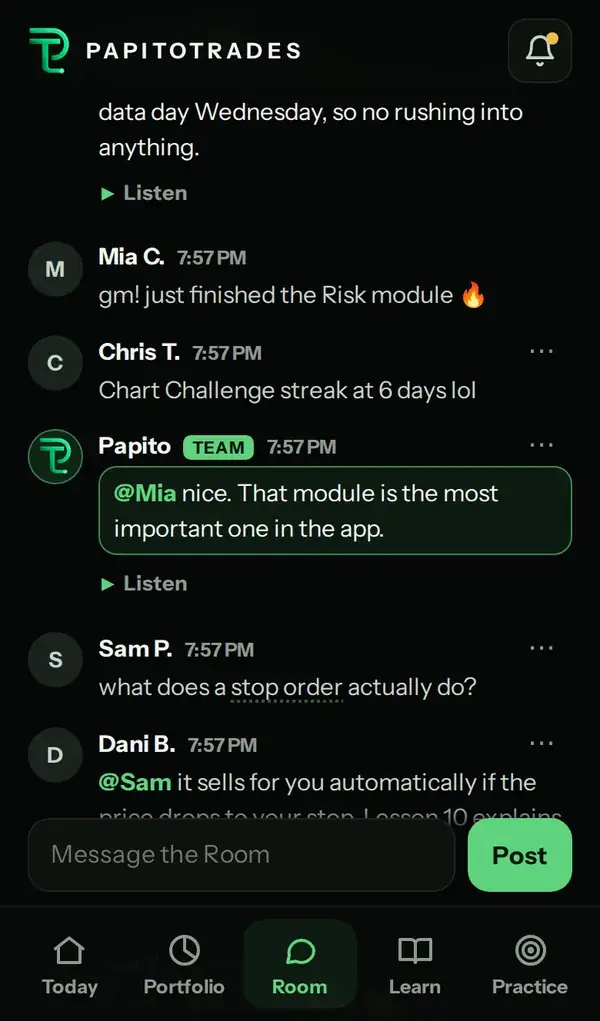 The Room: Papito's morning post, members saying good morning, and an answer about how a stop order works.